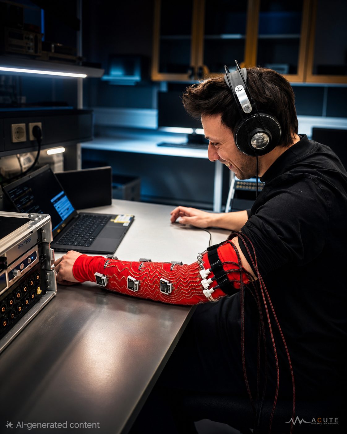 Wearable vibrotactile sleeve worn on the forearm.